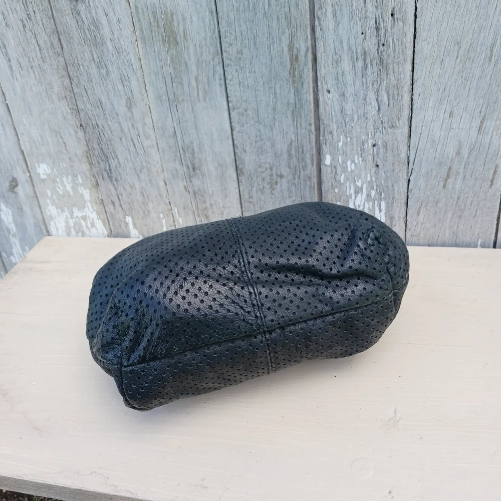 Vintage Perforated‎ Leather Black Clutch Purse Magnet Closure